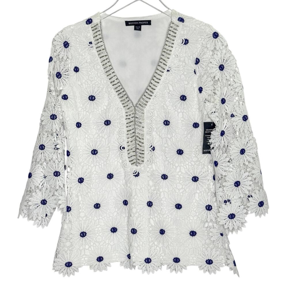 Boston Proper Daisy Lace Embellished Tunic Top XS NEW Sheer Sleeve Floral